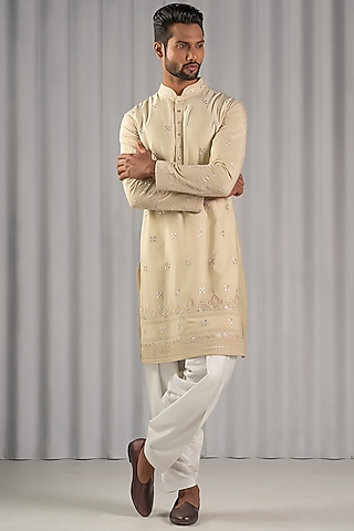 Cream Cotton Silk Embroidered Kurta Set by Punit Arora