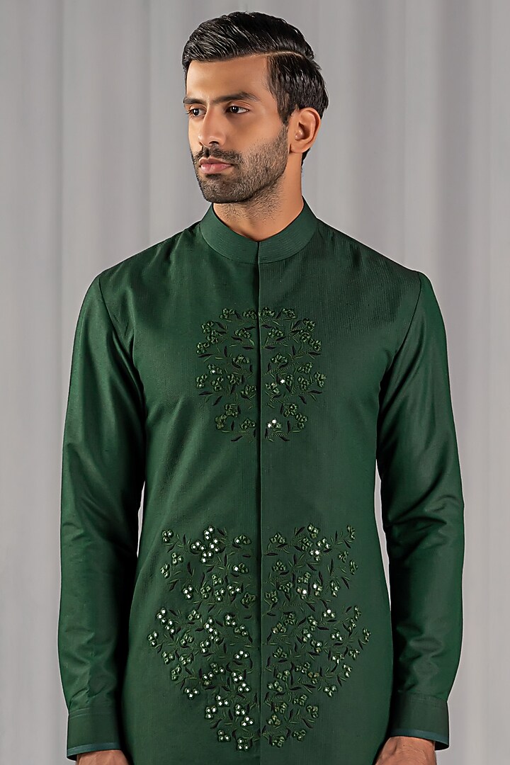 Bottle Green Silk Embroidered Kurta Set by Punit Arora at Pernia's Pop Up Shop