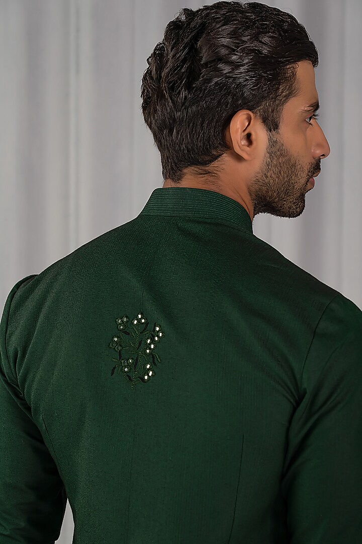 Bottle Green Silk Embroidered Kurta Set by Punit Arora at Pernia's Pop Up Shop