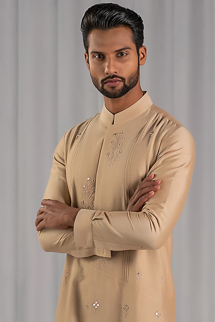 Sand Cotton Silk Embroidered Kurta Set by Punit Arora at Pernia's Pop Up Shop