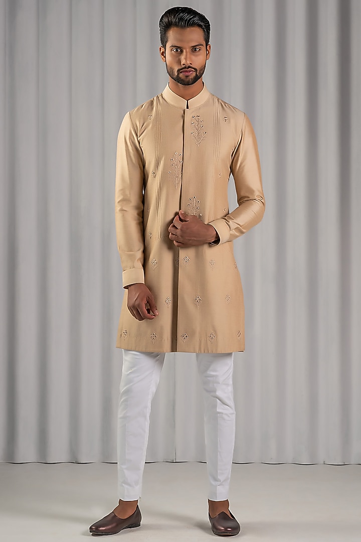 Sand Cotton Silk Embroidered Kurta Set by Punit Arora at Pernia's Pop Up Shop