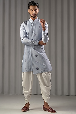 Sky Blue Cotton Silk Embroidered Kurta Set by Punit Arora