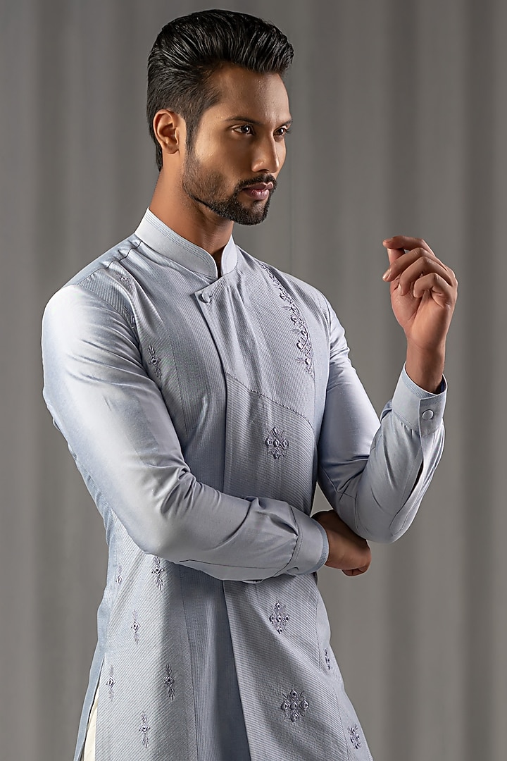 Sky Blue Cotton Silk Embroidered Kurta Set by Punit Arora at Pernia's Pop Up Shop