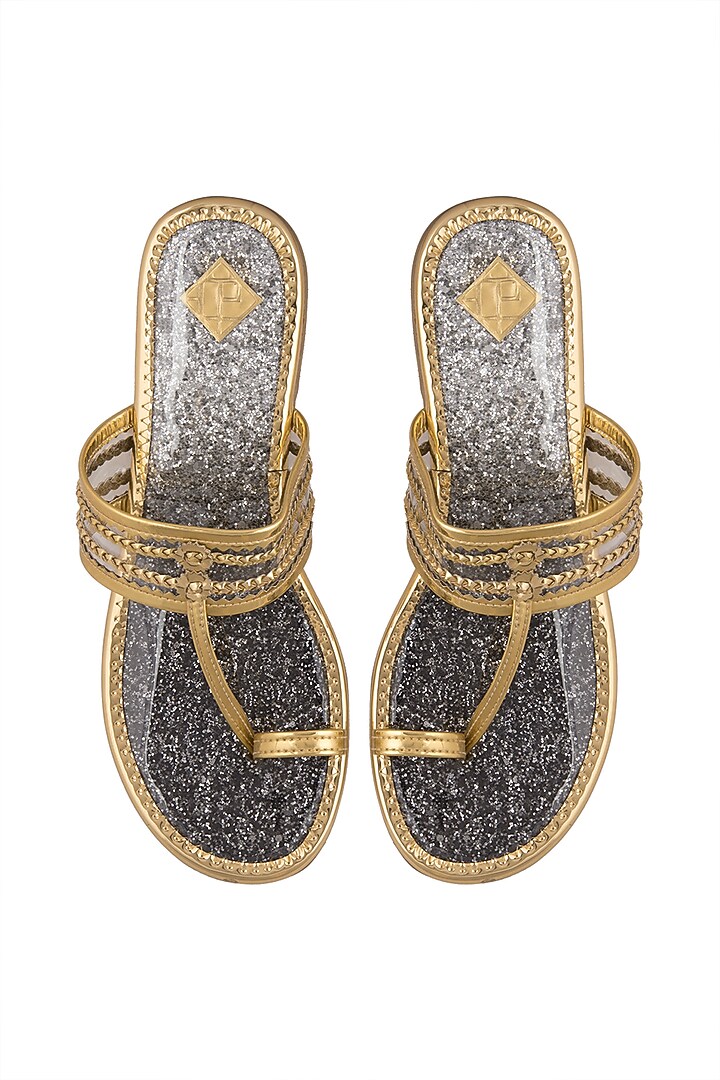 Gold Faux Leather & Plastic Kolhapuris by Gush at Pernia's Pop Up Shop