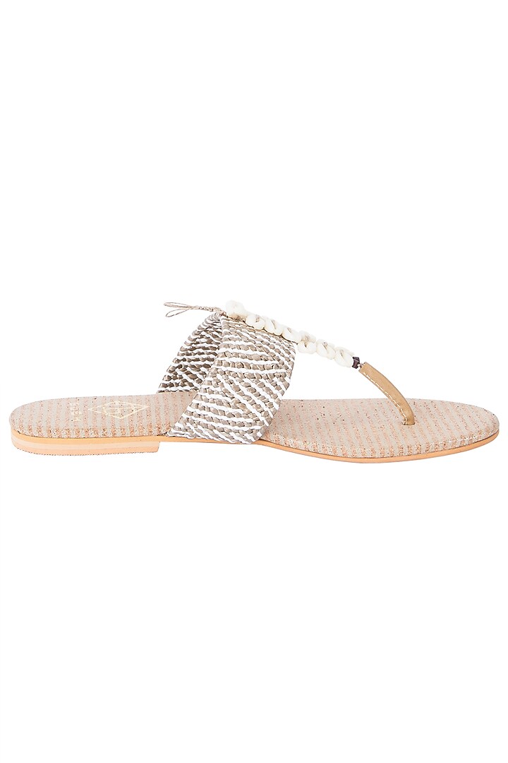 Beige shell trimmed sandals available only at Pernia's Pop Up Shop.
