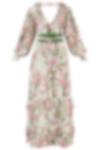 Cream and Pink Floral Maxi Dress by Geeta Handa