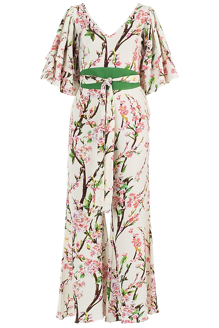 Cream and Pink Floral Jumpsuit by Geeta Handa