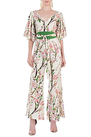 Cream and Pink Floral Jumpsuit by Geeta Handa