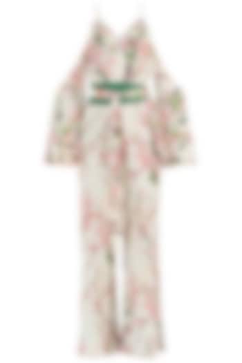 Cream and Pink Floral Cold Shoulder Jumpsuit by Geeta Handa
