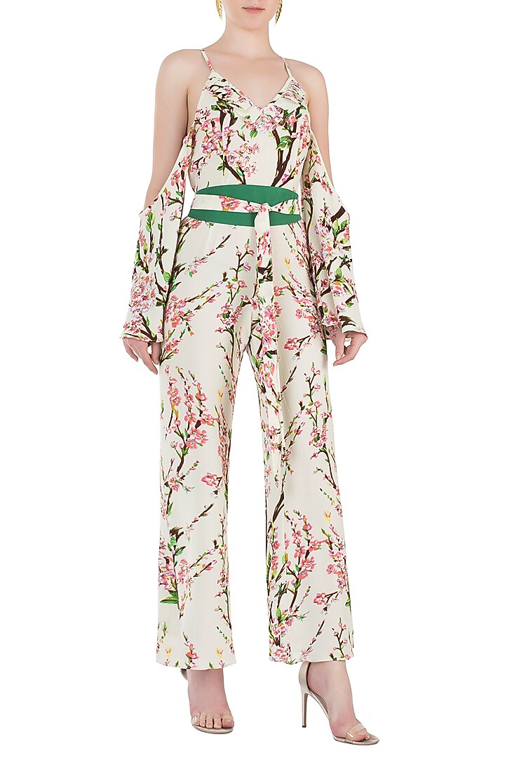 Cream and pink floral cold shoulder jumpsuit available only at Pernia's Pop Up Shop.