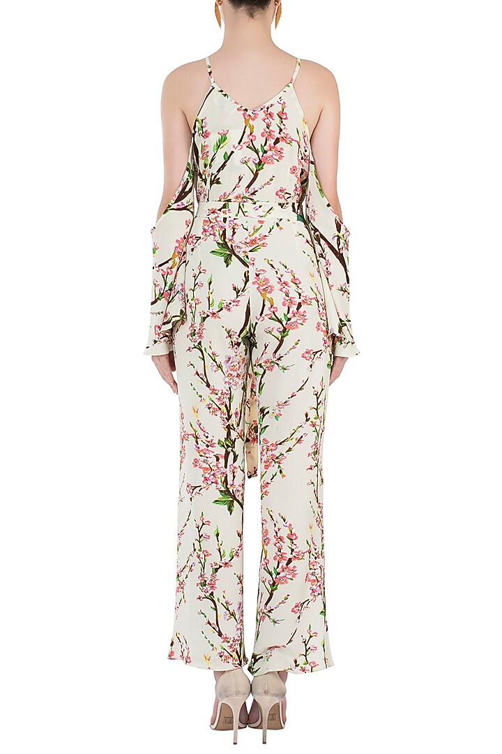 Cream and pink floral cold shoulder jumpsuit available only at Pernia's Pop Up Shop.