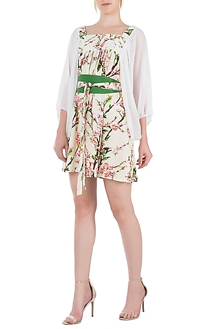 Cream and Pink Floral Smock Dress by Geeta Handa