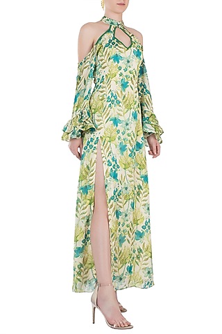 Green Floral Maxi Dress by Geeta Handa