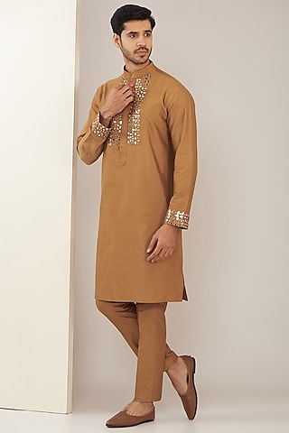 Gold Cotton Silk Mirror Work Kurta Set by GUJRALS