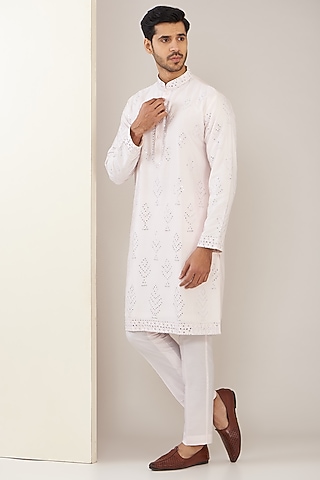 Ivory Cotton Silk Mirror Work Kurta Set by GUJRALS