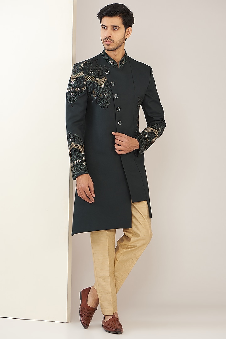 Bottle Green Jacquard Embroidered Sherwani Set by GUJRALS