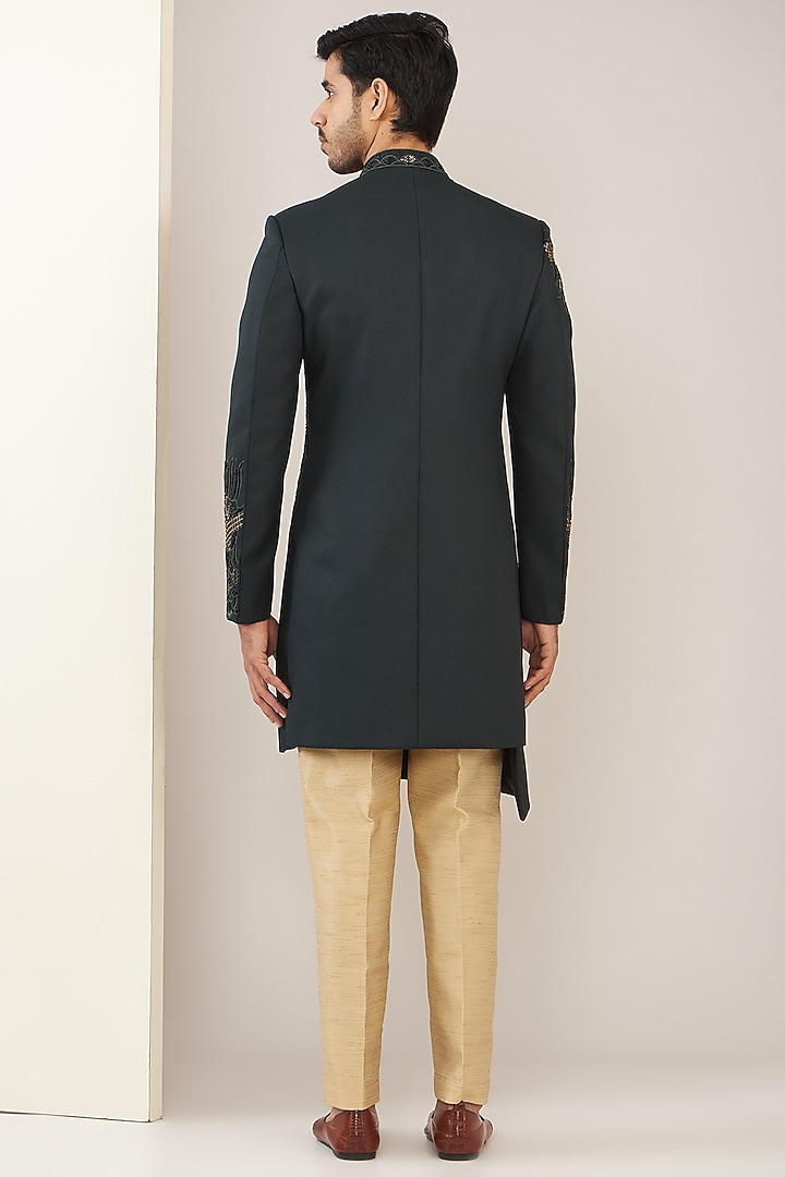 Bottle Green Jacquard Embroidered Wedding Sherwani Set by GUJRALS at Pernia's Pop Up Shop
