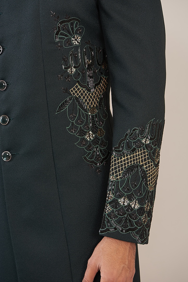 Bottle Green Jacquard Embroidered Wedding Sherwani Set by GUJRALS at Pernia's Pop Up Shop