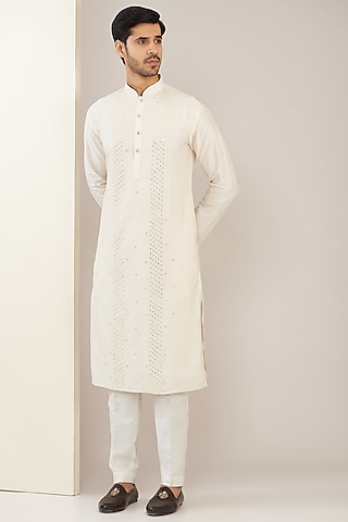 Ivory Cotton Silk Mirror Work Paneled Kurta Set by GUJRALS