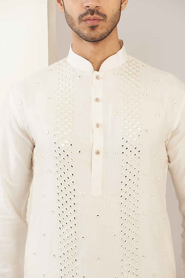 Ivory Cotton Silk Mirror Work Paneled Kurta Set by GUJRALS at Pernia's Pop Up Shop