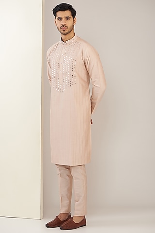 Rose Pink Cotton Silk Mirror Work Kurta Set by GUJRALS