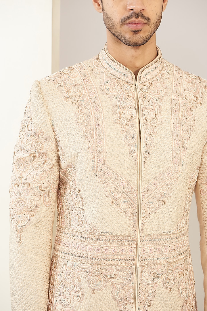 Creamish Light Rose Pink Silk Groom Sherwani Set by GUJRALS at Pernia's Pop Up Shop