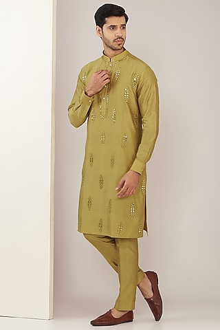 Yellowish Mustard Cotton Silk Kurta Set by GUJRALS
