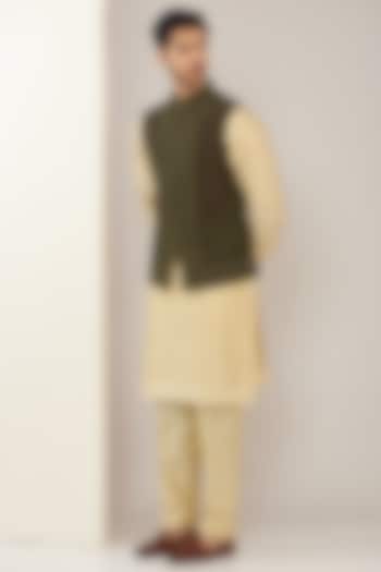 Olive Green Cotton Silk Thread Embroidered Nehru Jacket Set by GUJRALS