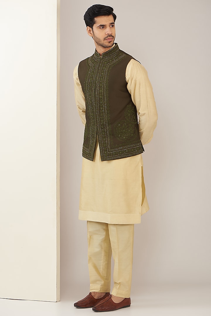 Olive Green Cotton Silk Thread Embroidered Nehru Jacket Set by GUJRALS