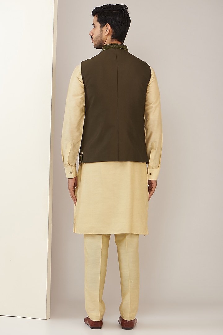 Olive Green Cotton Silk Thread Embroidered Nehru Jacket Set by GUJRALS at Pernia's Pop Up Shop