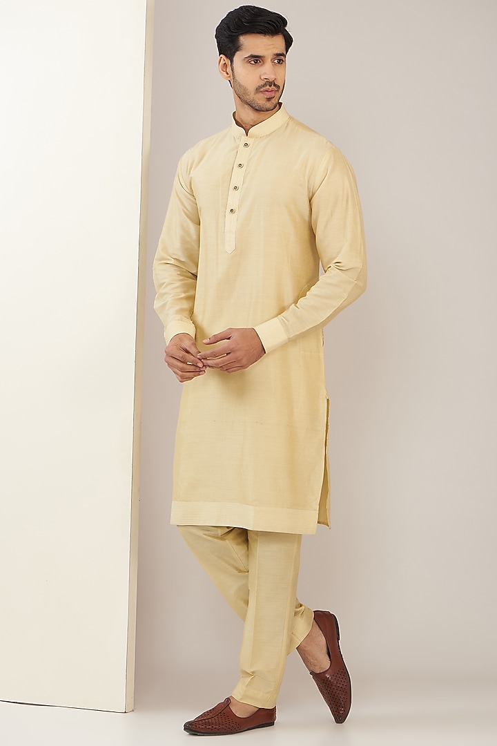 Olive Green Cotton Silk Thread Embroidered Nehru Jacket Set by GUJRALS at Pernia's Pop Up Shop