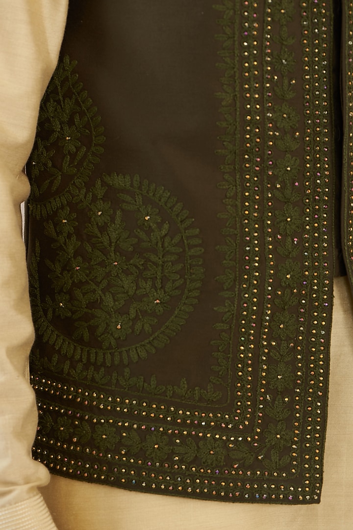 Olive Green Cotton Silk Thread Embroidered Nehru Jacket Set by GUJRALS at Pernia's Pop Up Shop