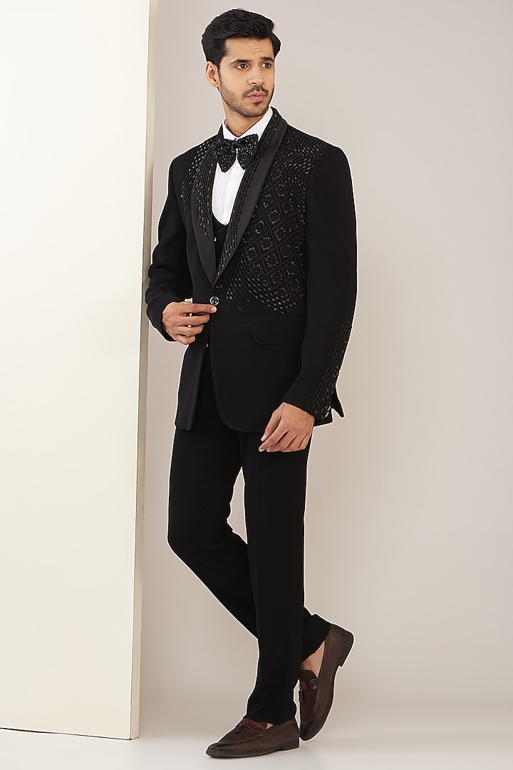 Black Terry Rayon Embroidered Tuxedo Set by GUJRALS