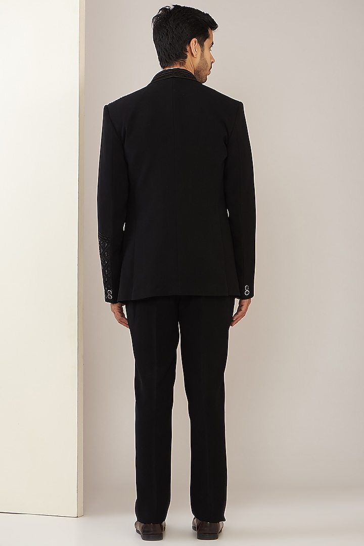 Black Terry Rayon Embroidered Tuxedo Set by GUJRALS at Pernia's Pop Up Shop