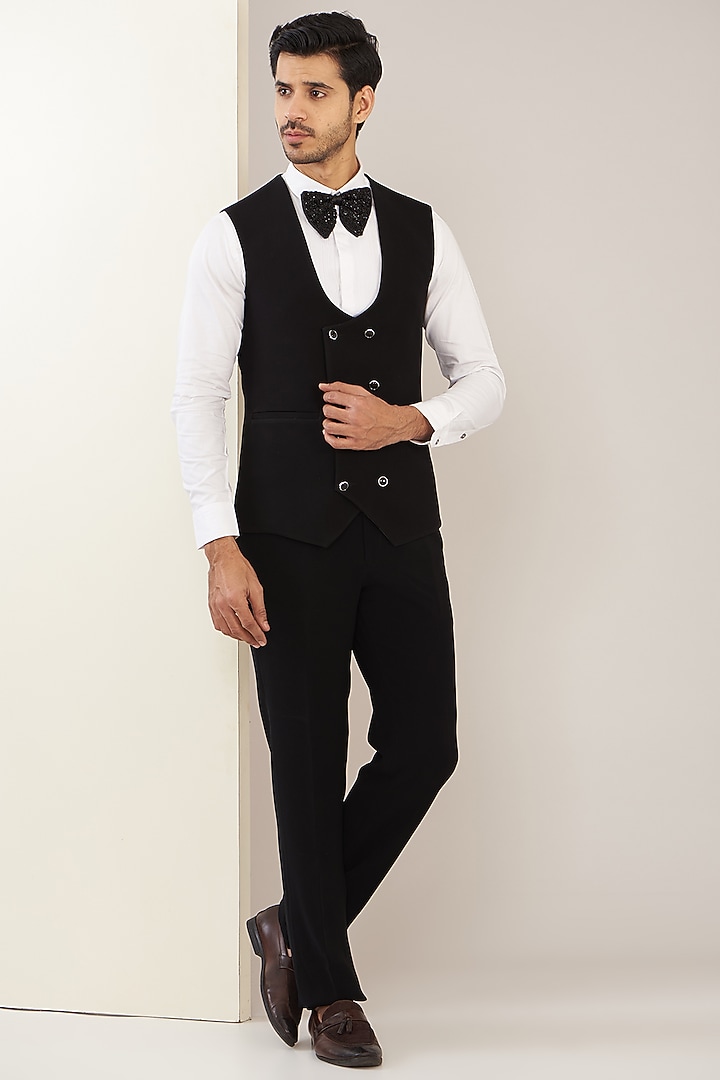 Black Terry Rayon Embroidered Tuxedo Set by GUJRALS at Pernia's Pop Up Shop