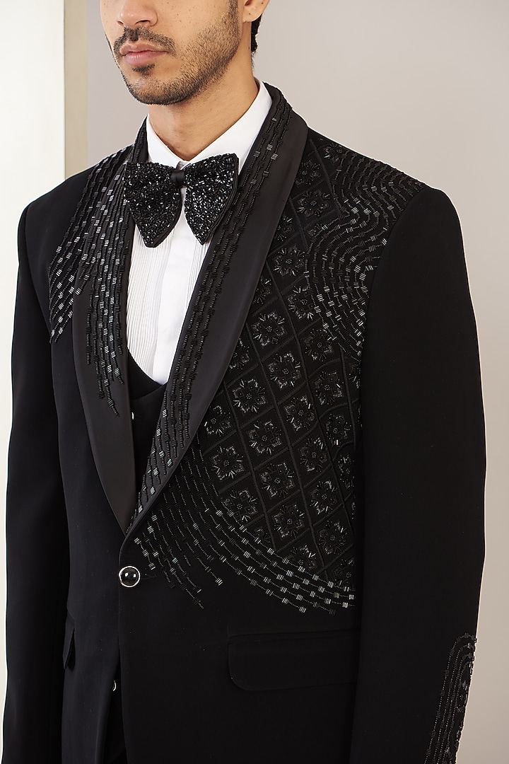 Black Terry Rayon Embroidered Tuxedo Set by GUJRALS at Pernia's Pop Up Shop