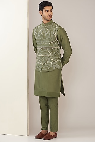 Olive Green Cotton Silk Thread Embroidered Nehru Jacket Set by GUJRALS