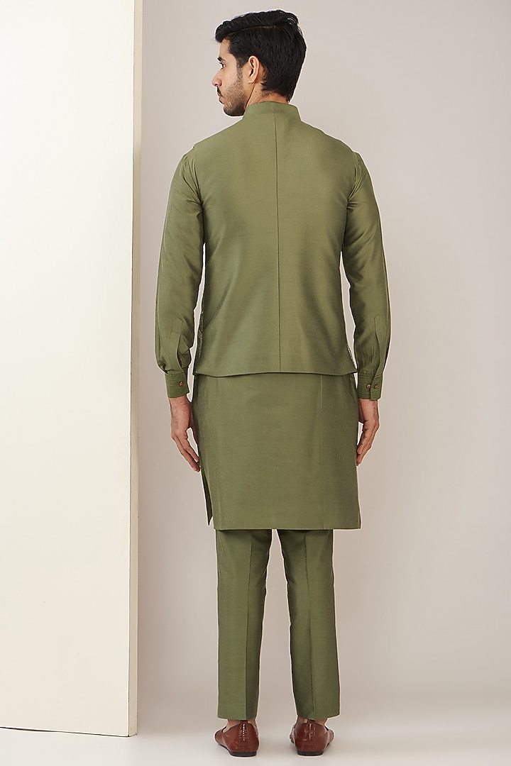 Olive Green Cotton Silk Thread Embroidered Nehru Jacket Set by GUJRALS at Pernia's Pop Up Shop