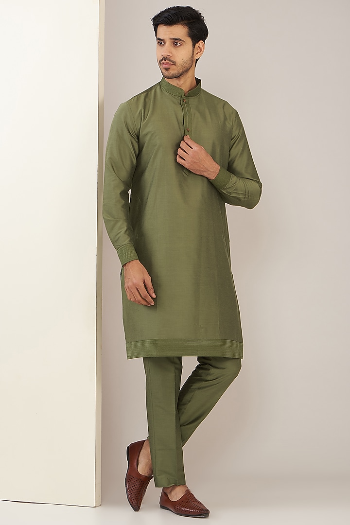 Olive Green Cotton Silk Thread Embroidered Nehru Jacket Set by GUJRALS at Pernia's Pop Up Shop