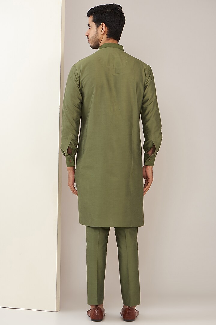 Olive Green Cotton Silk Thread Embroidered Nehru Jacket Set by GUJRALS at Pernia's Pop Up Shop