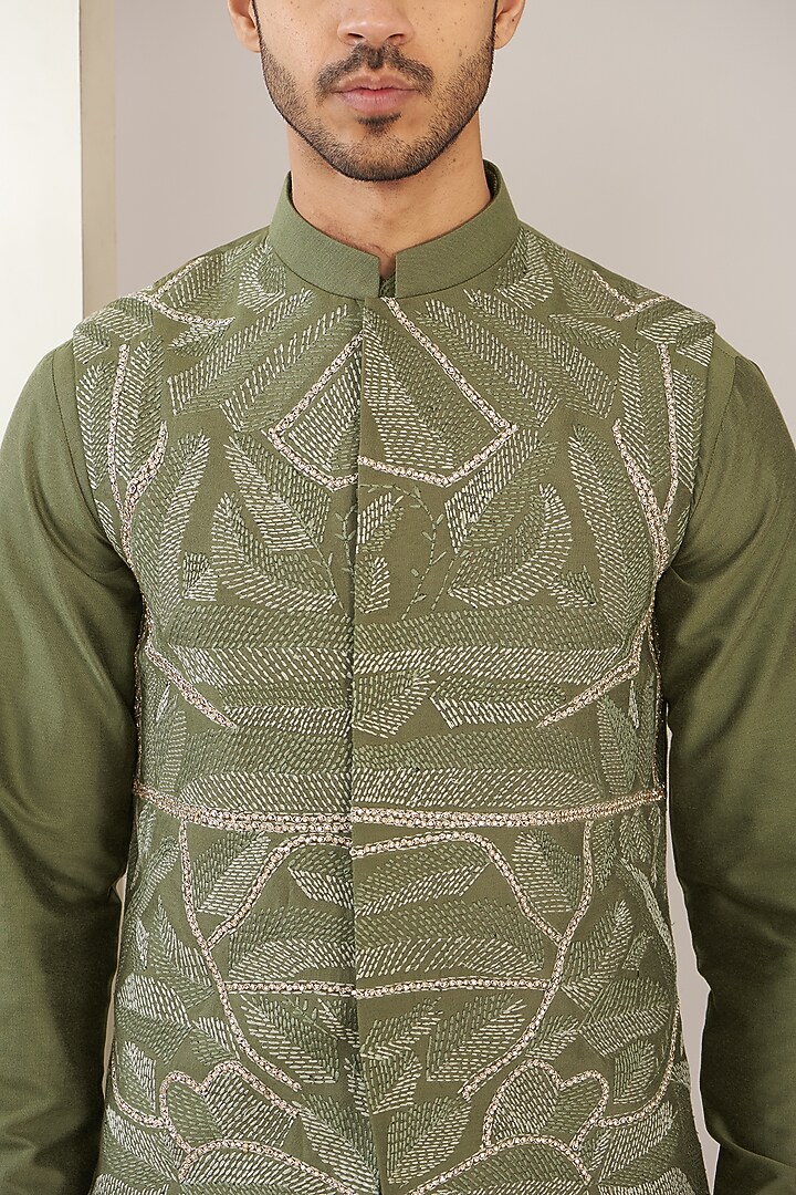 Olive Green Cotton Silk Thread Embroidered Nehru Jacket Set by GUJRALS at Pernia's Pop Up Shop