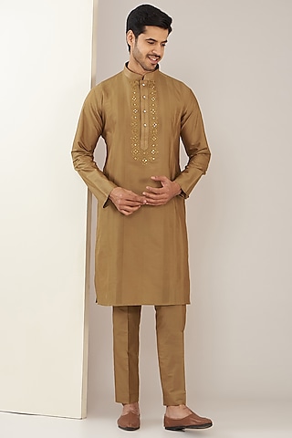 Mustard Gold Cotton Silk Mirror Kurta Set by GUJRALS