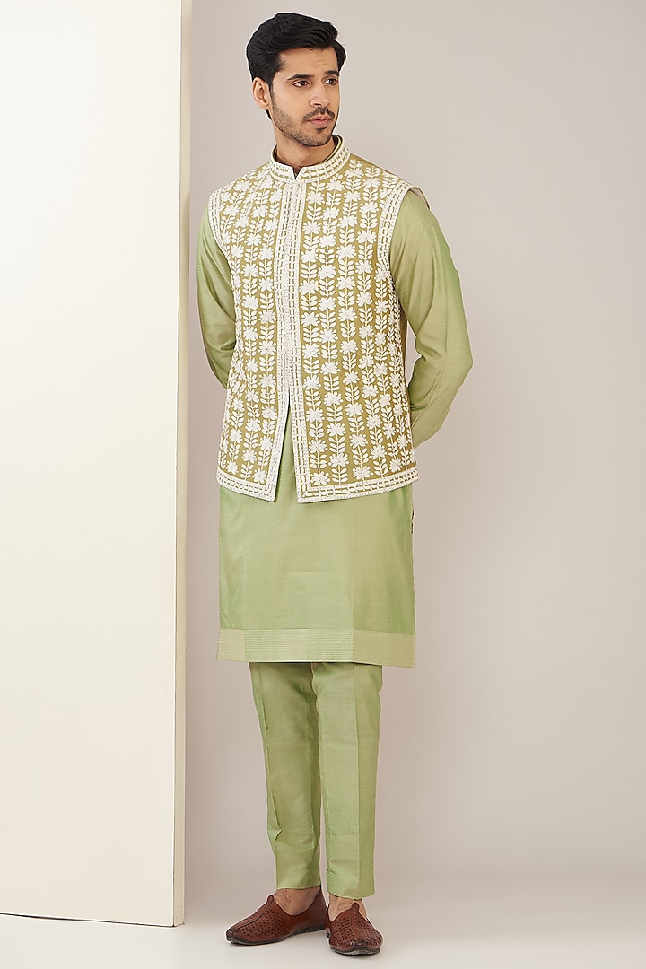 Greenish Gold Cotton Silk Thread Embroidered Bundi Jacket Set by GUJRALS