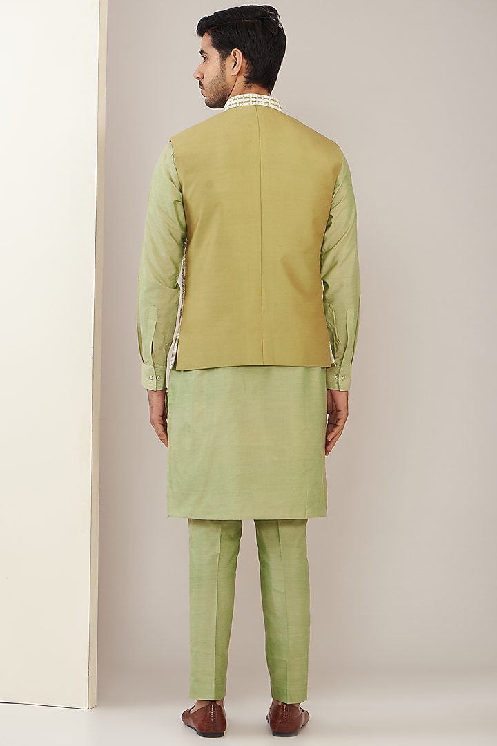Greenish Gold Cotton Silk Thread Embroidered Bundi Jacket Set by GUJRALS at Pernia's Pop Up Shop