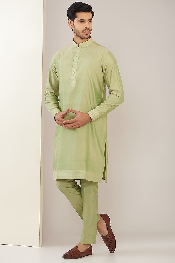 Greenish Gold Cotton Silk Thread Embroidered Bundi Jacket Set by GUJRALS at Pernia's Pop Up Shop