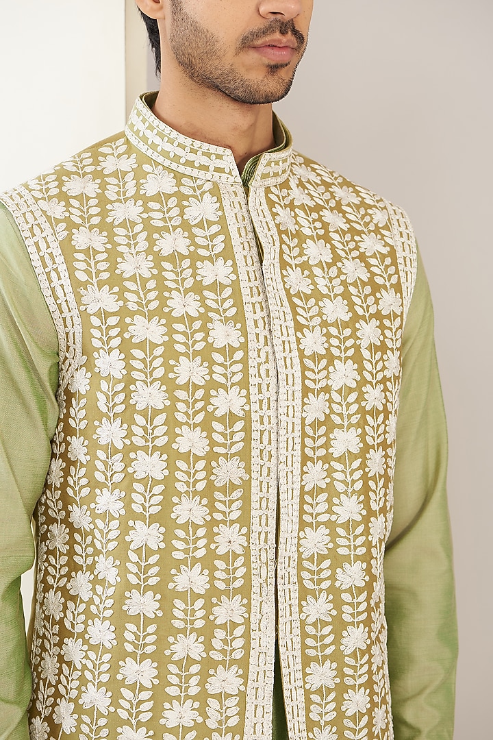 Greenish Gold Cotton Silk Thread Embroidered Bundi Jacket Set by GUJRALS at Pernia's Pop Up Shop
