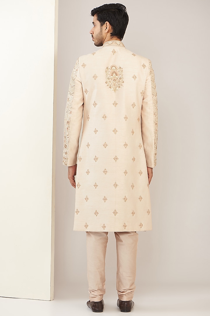 Fawnish Pink Silk Embroidered Groom Sherwani Set by GUJRALS at Pernia's Pop Up Shop