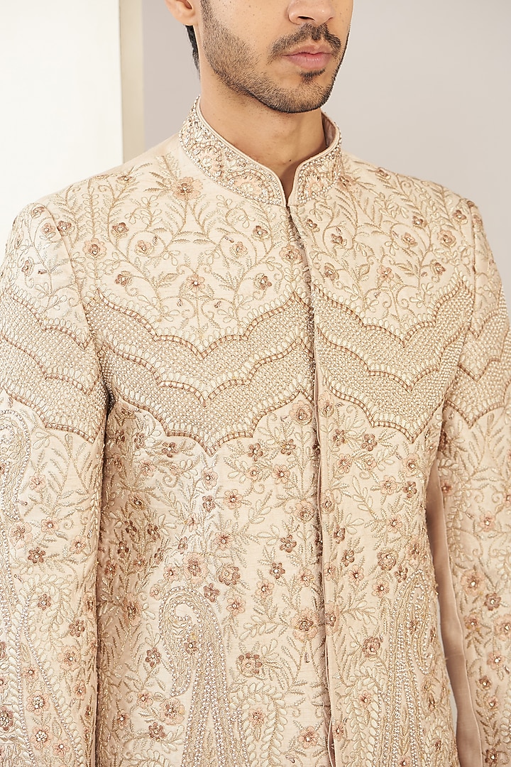 Fawnish Pink Silk Embroidered Groom Sherwani Set by GUJRALS at Pernia's Pop Up Shop
