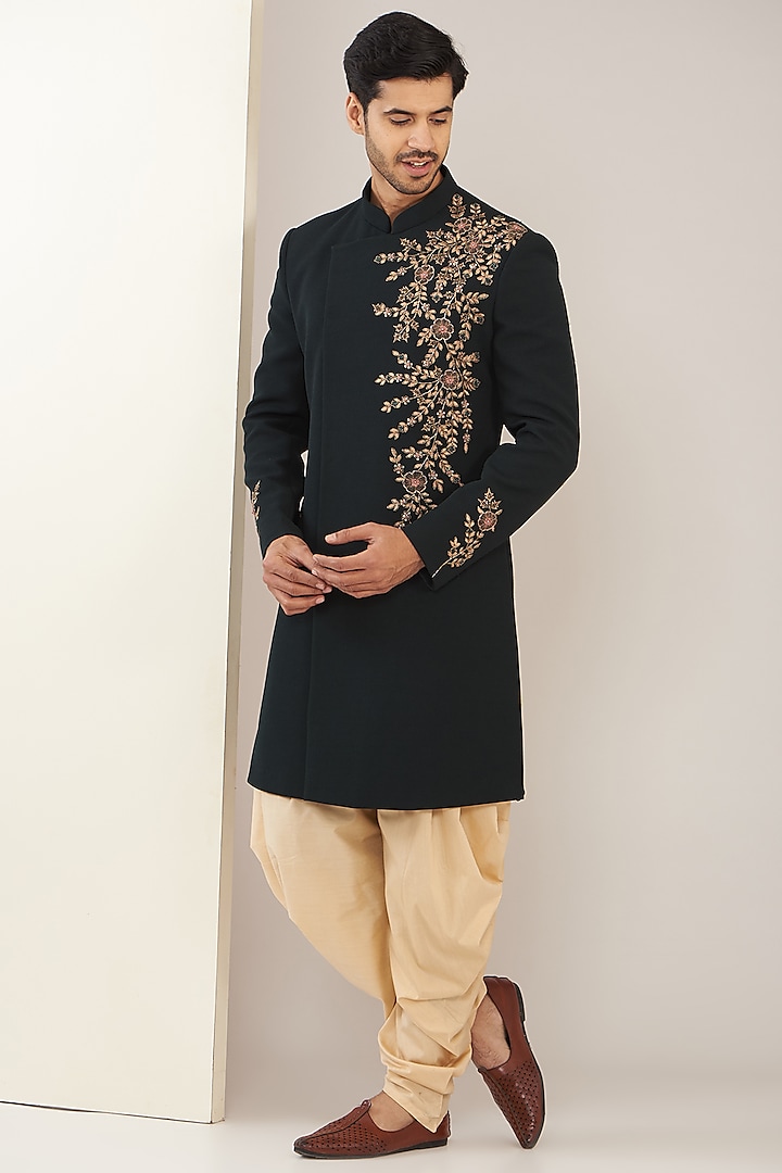 Bottle Green Terry Rayon Thread Embroidered Sherwani Set by GUJRALS
