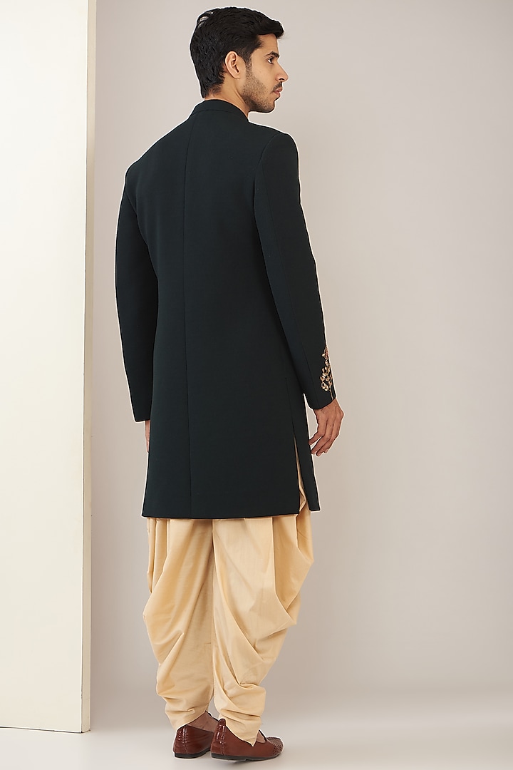 Bottle Green Terry Rayon Thread Embroidered Wedding Sherwani Set by GUJRALS at Pernia's Pop Up Shop
